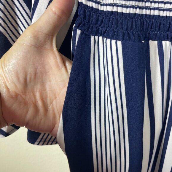 eci Women Navy White Stripe Long Bell Sleeve Pant Romper Jumpsuit Stretch Large! - Picture 5 of 7
